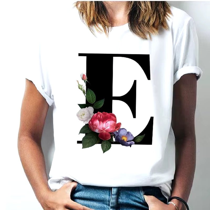 Camiseta Con Las 26 Letras Del Alfabeto De La a La Z Para Mujer, Combinación De Flores, Manga Corta, Tops Informales De Estilo Coreano, Envío Directo