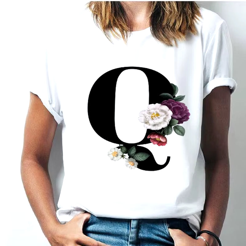 Camiseta Con Las 26 Letras Del Alfabeto De La a La Z Para Mujer, Combinación De Flores, Manga Corta, Tops Informales De Estilo Coreano, Envío Directo