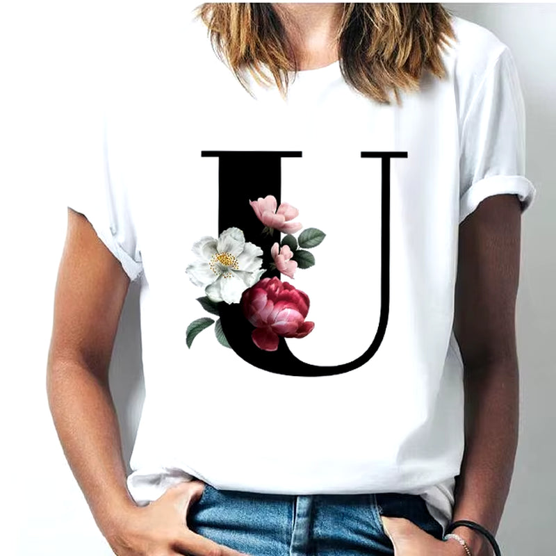 Camiseta Con Las 26 Letras Del Alfabeto De La a La Z Para Mujer, Combinación De Flores, Manga Corta, Tops Informales De Estilo Coreano, Envío Directo
