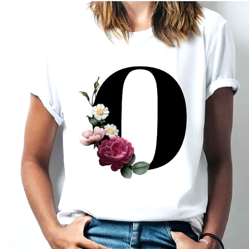 Camiseta Con Las 26 Letras Del Alfabeto De La a La Z Para Mujer, Combinación De Flores, Manga Corta, Tops Informales De Estilo Coreano, Envío Directo