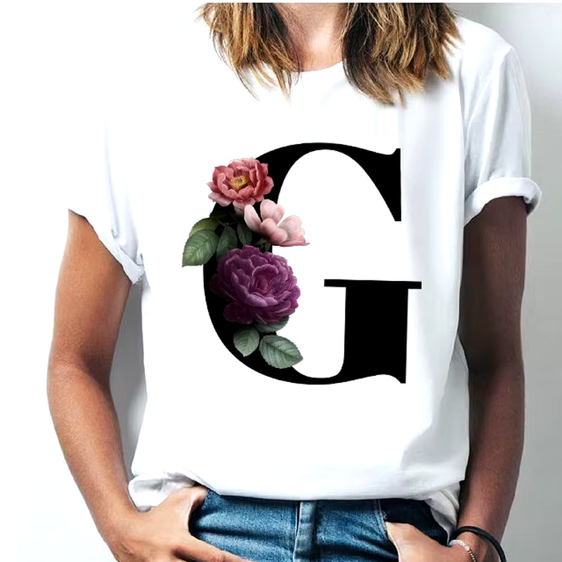 Camiseta Con Las 26 Letras Del Alfabeto De La a La Z Para Mujer, Combinación De Flores, Manga Corta, Tops Informales De Estilo Coreano, Envío Directo