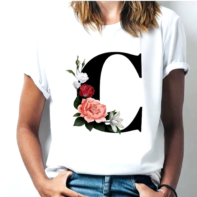 Camiseta Con Las 26 Letras Del Alfabeto De La a La Z Para Mujer, Combinación De Flores, Manga Corta, Tops Informales De Estilo Coreano, Envío Directo