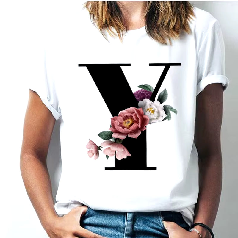 Camiseta Con Las 26 Letras Del Alfabeto De La a La Z Para Mujer, Combinación De Flores, Manga Corta, Tops Informales De Estilo Coreano, Envío Directo