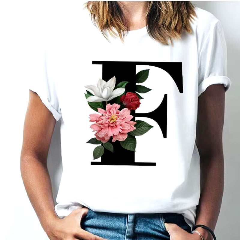 Camiseta Con Las 26 Letras Del Alfabeto De La a La Z Para Mujer, Combinación De Flores, Manga Corta, Tops Informales De Estilo Coreano, Envío Directo