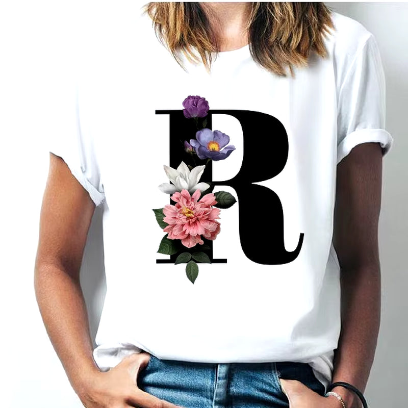 Camiseta Con Las 26 Letras Del Alfabeto De La a La Z Para Mujer, Combinación De Flores, Manga Corta, Tops Informales De Estilo Coreano, Envío Directo