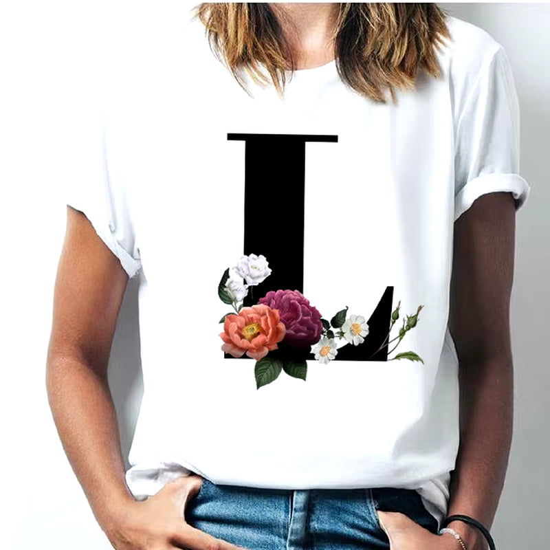 Camiseta Con Las 26 Letras Del Alfabeto De La a La Z Para Mujer, Combinación De Flores, Manga Corta, Tops Informales De Estilo Coreano, Envío Directo