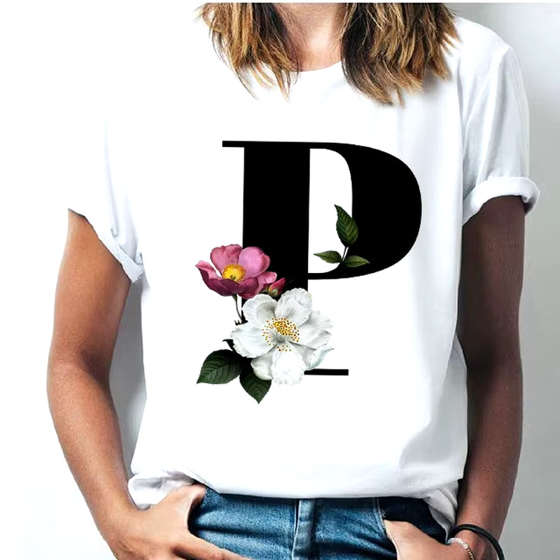Camiseta Con Las 26 Letras Del Alfabeto De La a La Z Para Mujer, Combinación De Flores, Manga Corta, Tops Informales De Estilo Coreano, Envío Directo