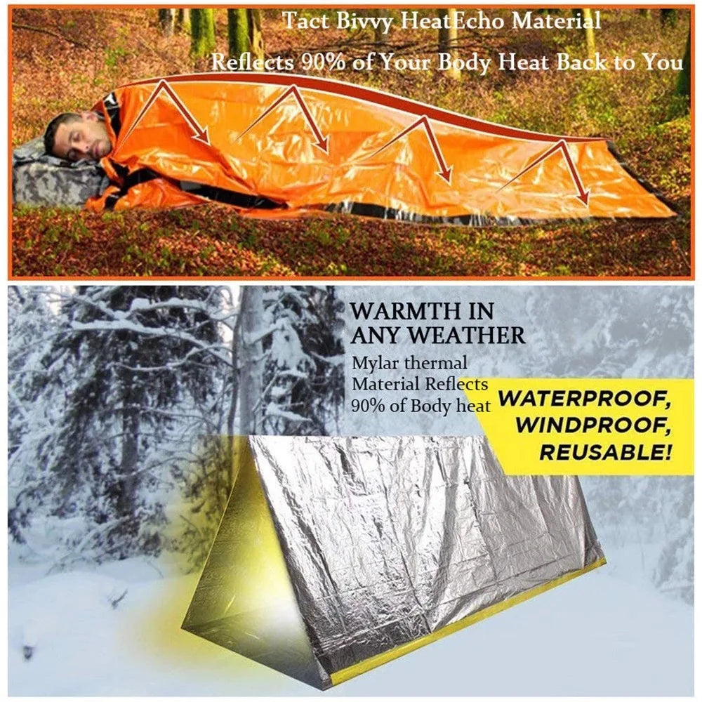 Saco De Dormir Portátil Impermeable Para Supervivencia De Emergencia, Equipo De Acampada Edc Para Exteriores, Saco Térmico, Botiquín De Rescate De Primeros Auxilios, Manta Mylar