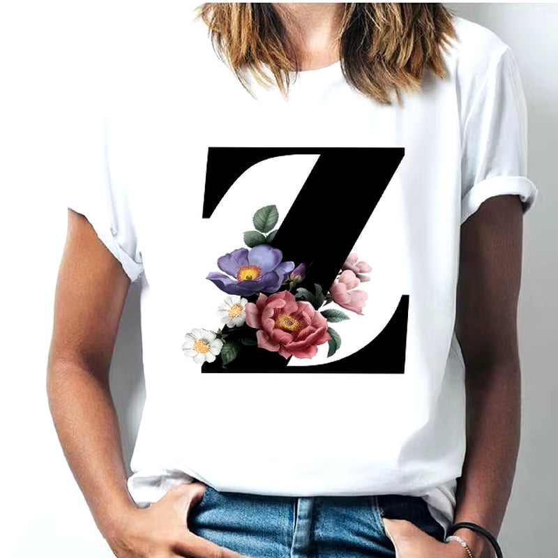 Camiseta Con Las 26 Letras Del Alfabeto De La a La Z Para Mujer, Combinación De Flores, Manga Corta, Tops Informales De Estilo Coreano, Envío Directo