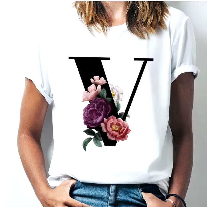 Camiseta Con Las 26 Letras Del Alfabeto De La a La Z Para Mujer, Combinación De Flores, Manga Corta, Tops Informales De Estilo Coreano, Envío Directo