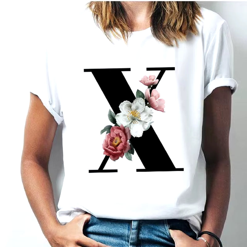 Camiseta Con Las 26 Letras Del Alfabeto De La a La Z Para Mujer, Combinación De Flores, Manga Corta, Tops Informales De Estilo Coreano, Envío Directo