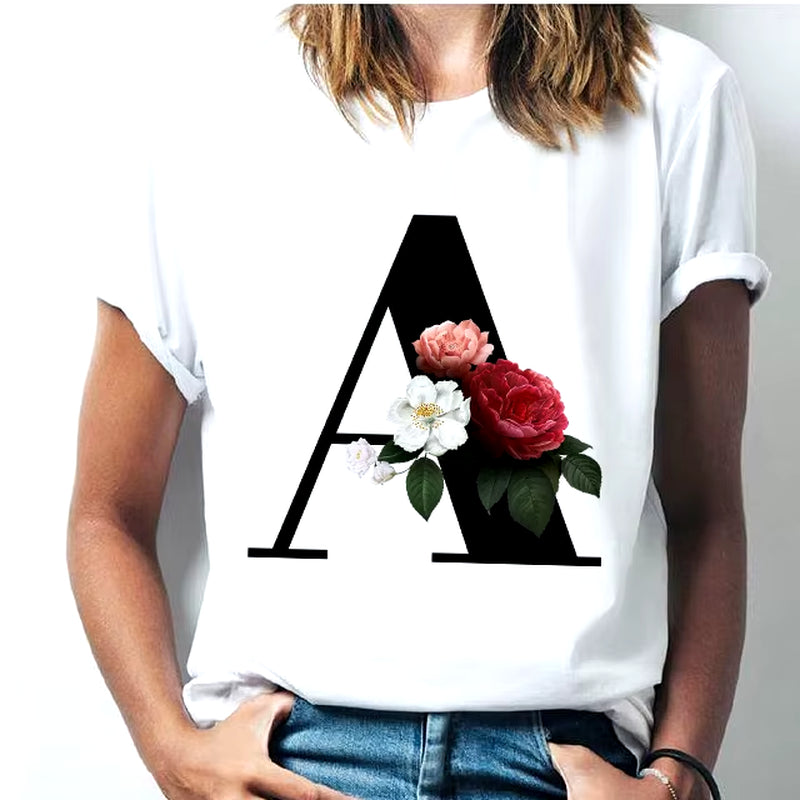 Camiseta Con Las 26 Letras Del Alfabeto De La a La Z Para Mujer, Combinación De Flores, Manga Corta, Tops Informales De Estilo Coreano, Envío Directo