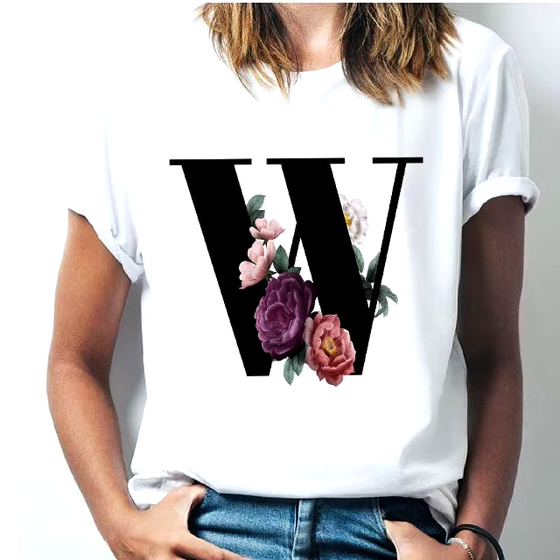 Camiseta Con Las 26 Letras Del Alfabeto De La a La Z Para Mujer, Combinación De Flores, Manga Corta, Tops Informales De Estilo Coreano, Envío Directo