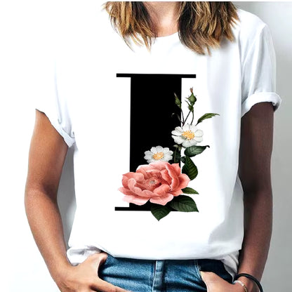 Camiseta Con Las 26 Letras Del Alfabeto De La a La Z Para Mujer, Combinación De Flores, Manga Corta, Tops Informales De Estilo Coreano, Envío Directo