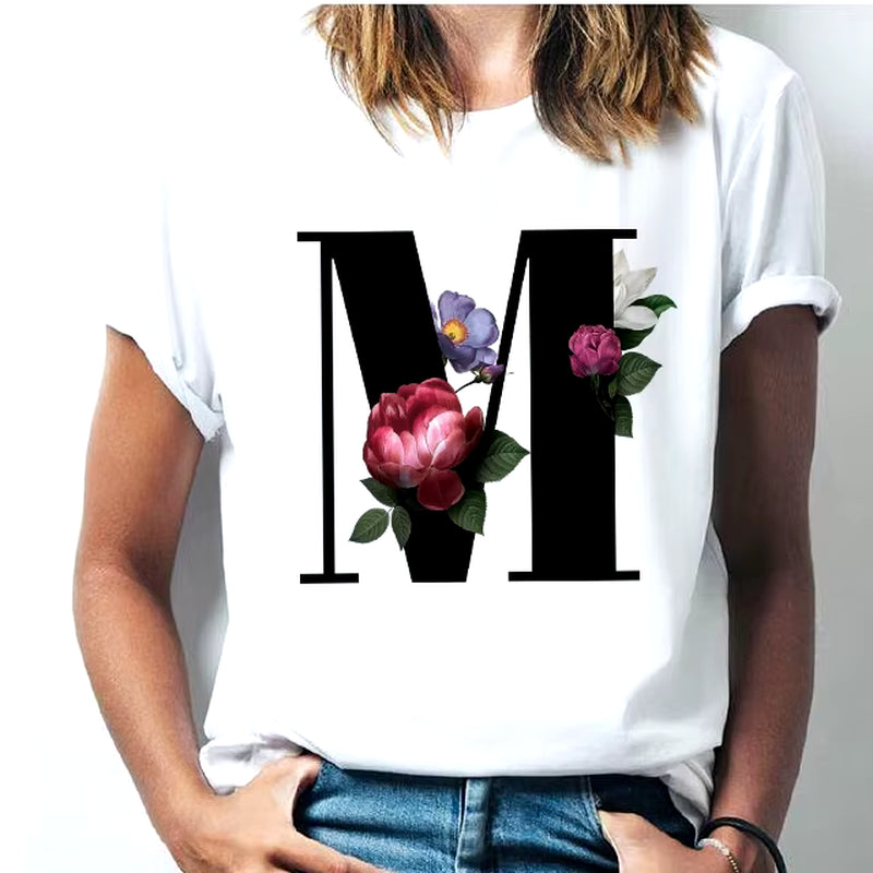 Camiseta Con Las 26 Letras Del Alfabeto De La a La Z Para Mujer, Combinación De Flores, Manga Corta, Tops Informales De Estilo Coreano, Envío Directo