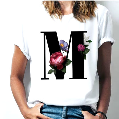 Camiseta Con Las 26 Letras Del Alfabeto De La a La Z Para Mujer, Combinación De Flores, Manga Corta, Tops Informales De Estilo Coreano, Envío Directo