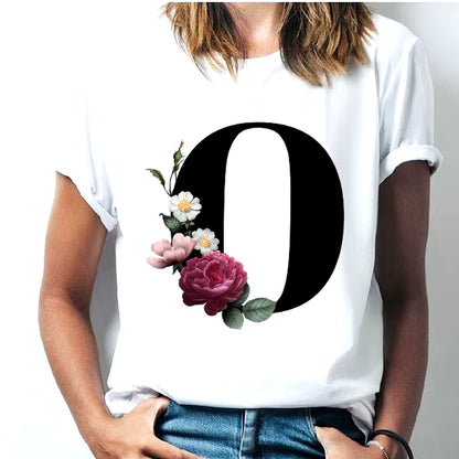 Camiseta Con Las 26 Letras Del Alfabeto De La a La Z Para Mujer, Combinación De Flores, Manga Corta, Tops Informales De Estilo Coreano, Envío Directo