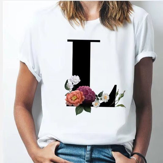 Camiseta Con Las 26 Letras Del Alfabeto De La a La Z Para Mujer, Combinación De Flores, Manga Corta, Tops Informales De Estilo Coreano, Envío Directo