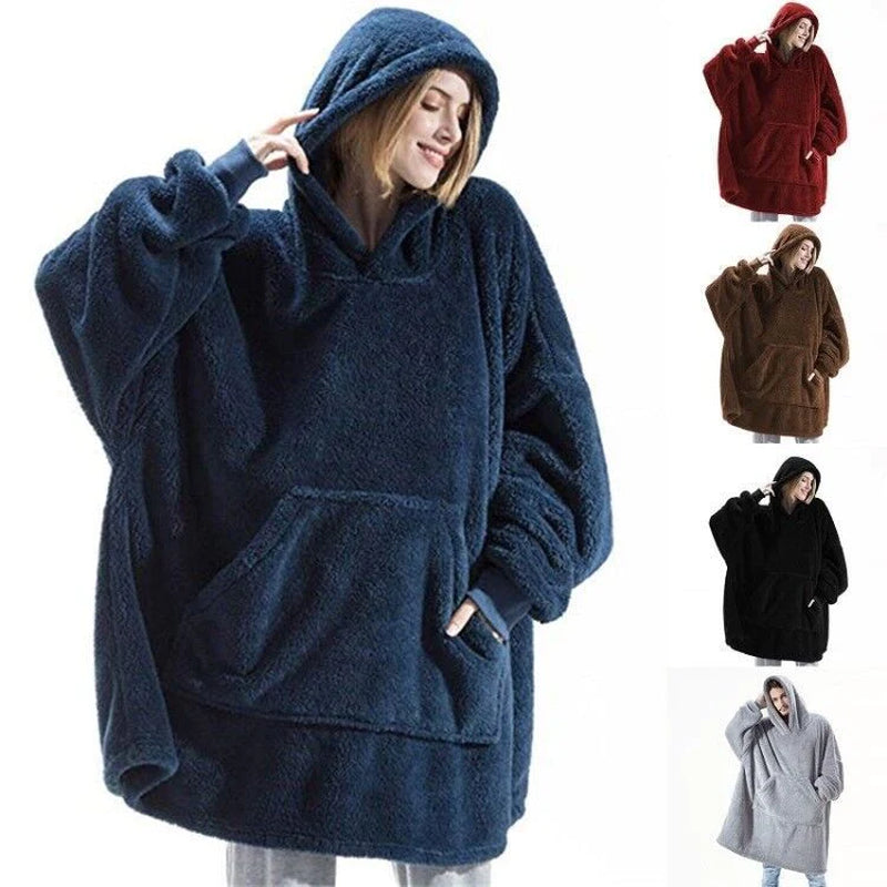 Sudadera con capucha y bolsillo grande, tipo suéter cómodo y suelto, con forro polar de doble cara, más gruesa y estilo manta ponible 🧸🔥