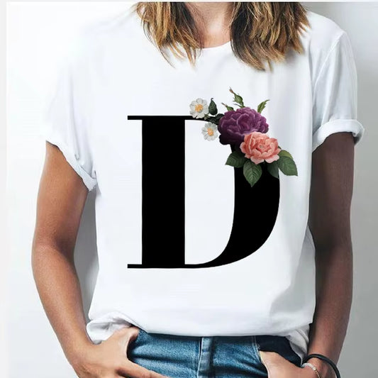 Camiseta Con Las 26 Letras Del Alfabeto De La a La Z Para Mujer, Combinación De Flores, Manga Corta, Tops Informales De Estilo Coreano, Envío Directo