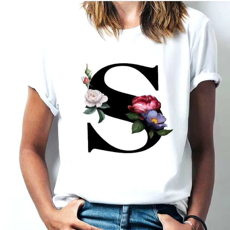 Camiseta Con Las 26 Letras Del Alfabeto De La a La Z Para Mujer, Combinación De Flores, Manga Corta, Tops Informales De Estilo Coreano, Envío Directo