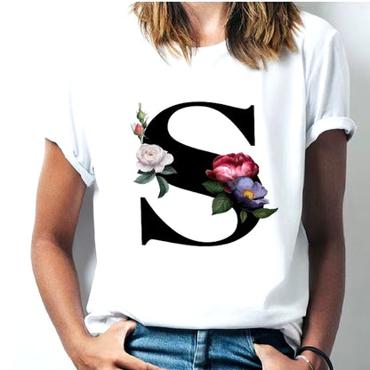 Camiseta Con Las 26 Letras Del Alfabeto De La a La Z Para Mujer, Combinación De Flores, Manga Corta, Tops Informales De Estilo Coreano, Envío Directo