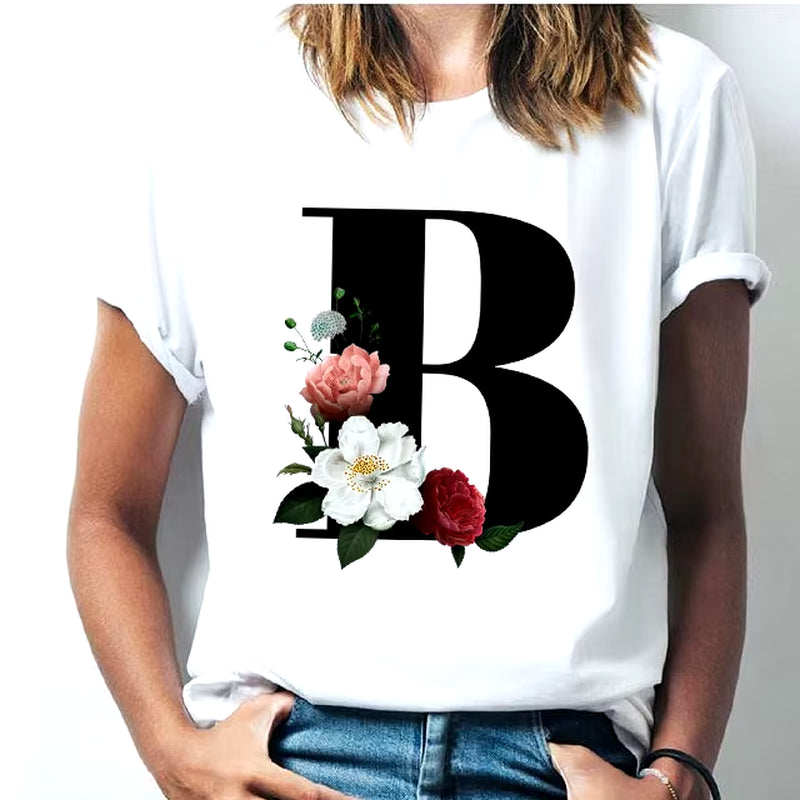 Camiseta Con Las 26 Letras Del Alfabeto De La a La Z Para Mujer, Combinación De Flores, Manga Corta, Tops Informales De Estilo Coreano, Envío Directo