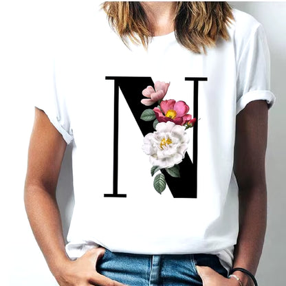 Camiseta Con Las 26 Letras Del Alfabeto De La a La Z Para Mujer, Combinación De Flores, Manga Corta, Tops Informales De Estilo Coreano, Envío Directo